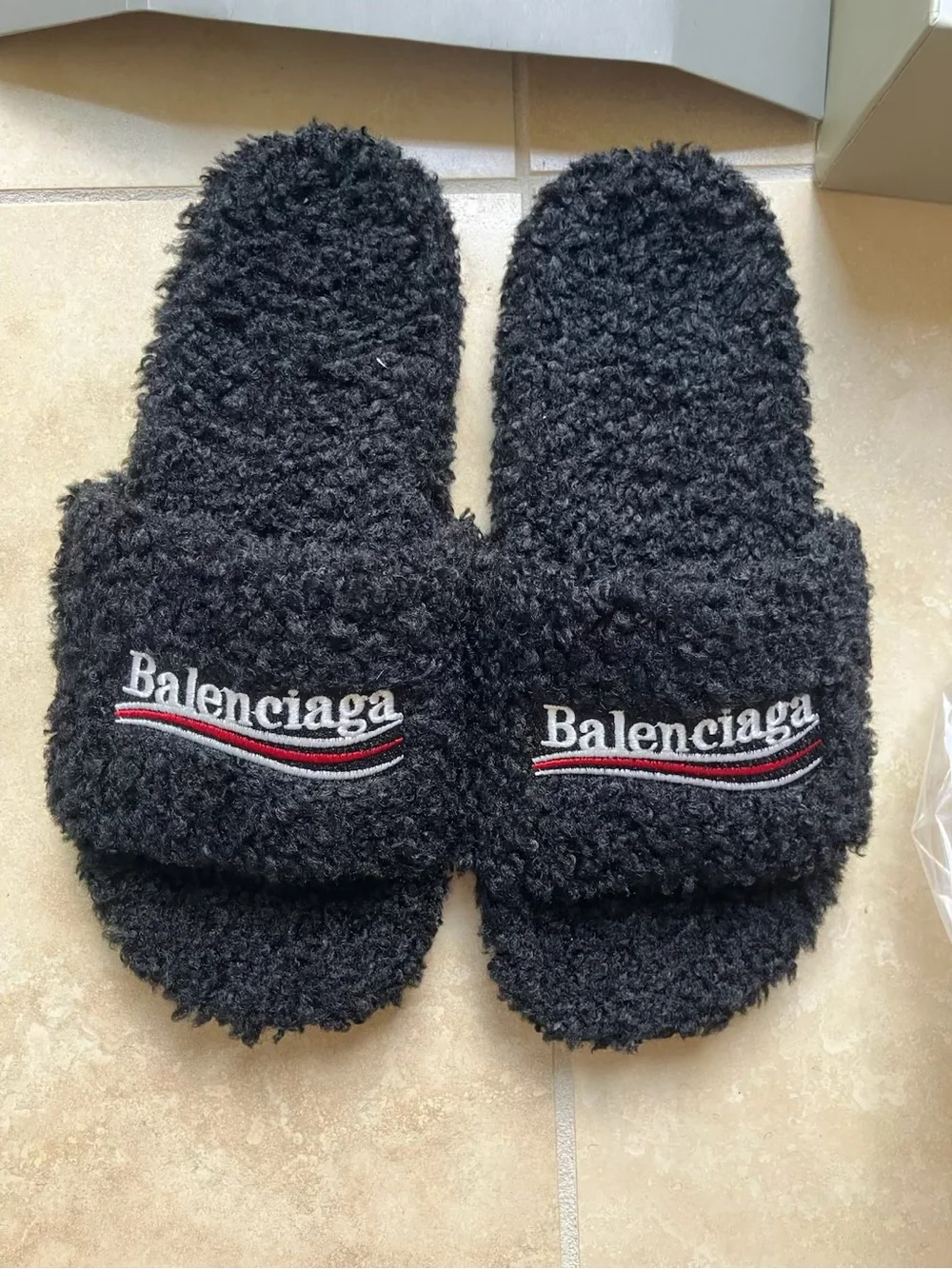 Balenciaga Black Fuzzy Logo Slide Sandals with Red & White Accent